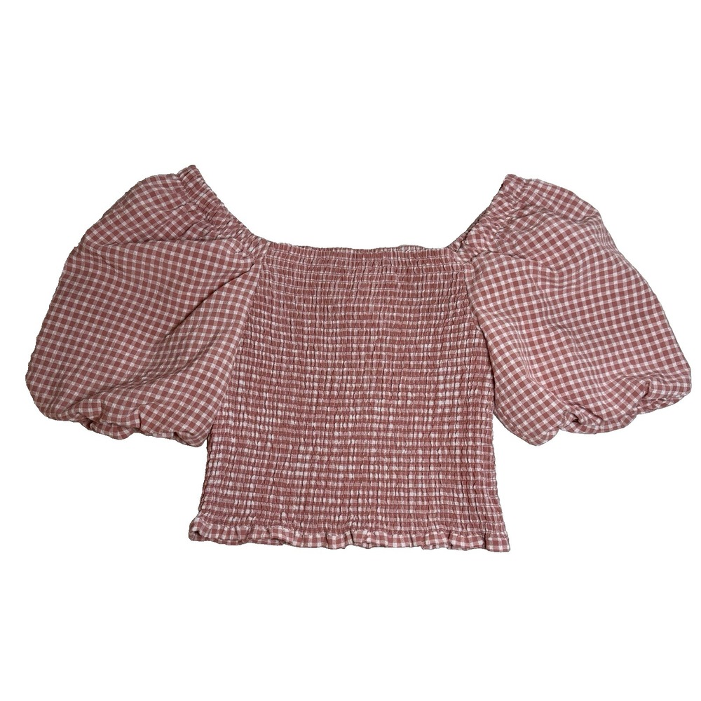 BB Dakota by Steve Madden Smocked Gingham Puff Sleeve Crop Top  S